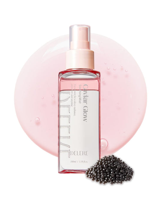 Delere Caviar Glow Soothing Mist | Korean Glass Skin Spray Serum with 5% Caviar & Squalane - Instant 3-Second Radiance & Makeup Setting – Anti-Aging Collagen Booster for Sensitive Skin, 3.4oz