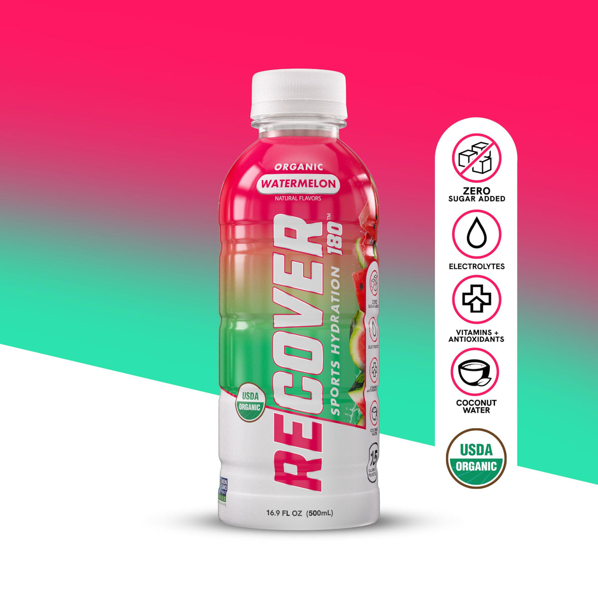 RECOVER 180 Organic Sports Hydration Drink, No Sugar Added, 20 Calorie Sports Beverage, Organic Flavors With Vitamins, Potassium-Packed Electrolytes (16.9 Fl Oz (Pack of 12), Variety Pack)