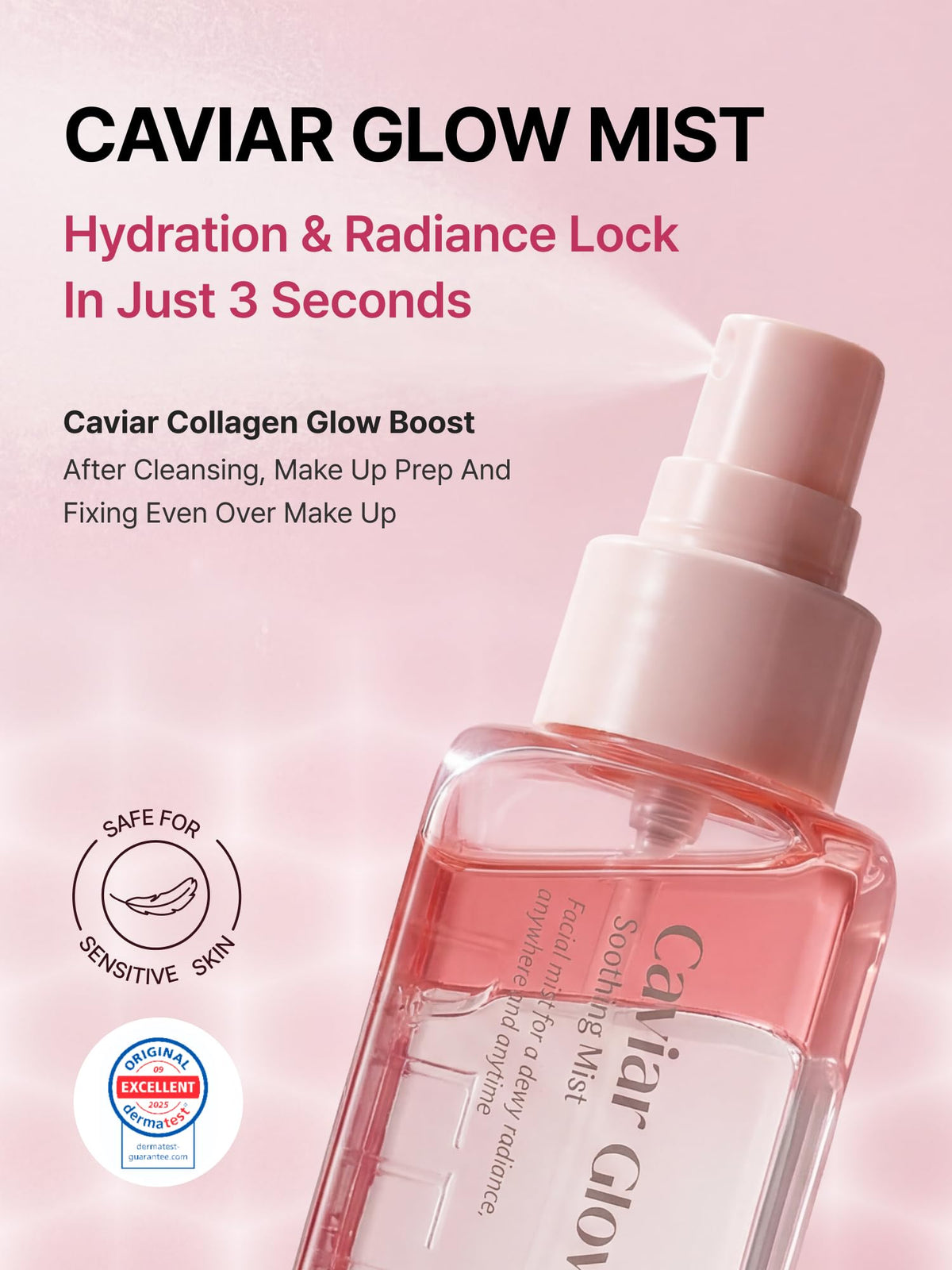 Delere Caviar Glow Soothing Mist | Korean Glass Skin Spray Serum with 5% Caviar & Squalane - Instant 3-Second Radiance & Makeup Setting – Anti-Aging Collagen Booster for Sensitive Skin, 3.4oz
