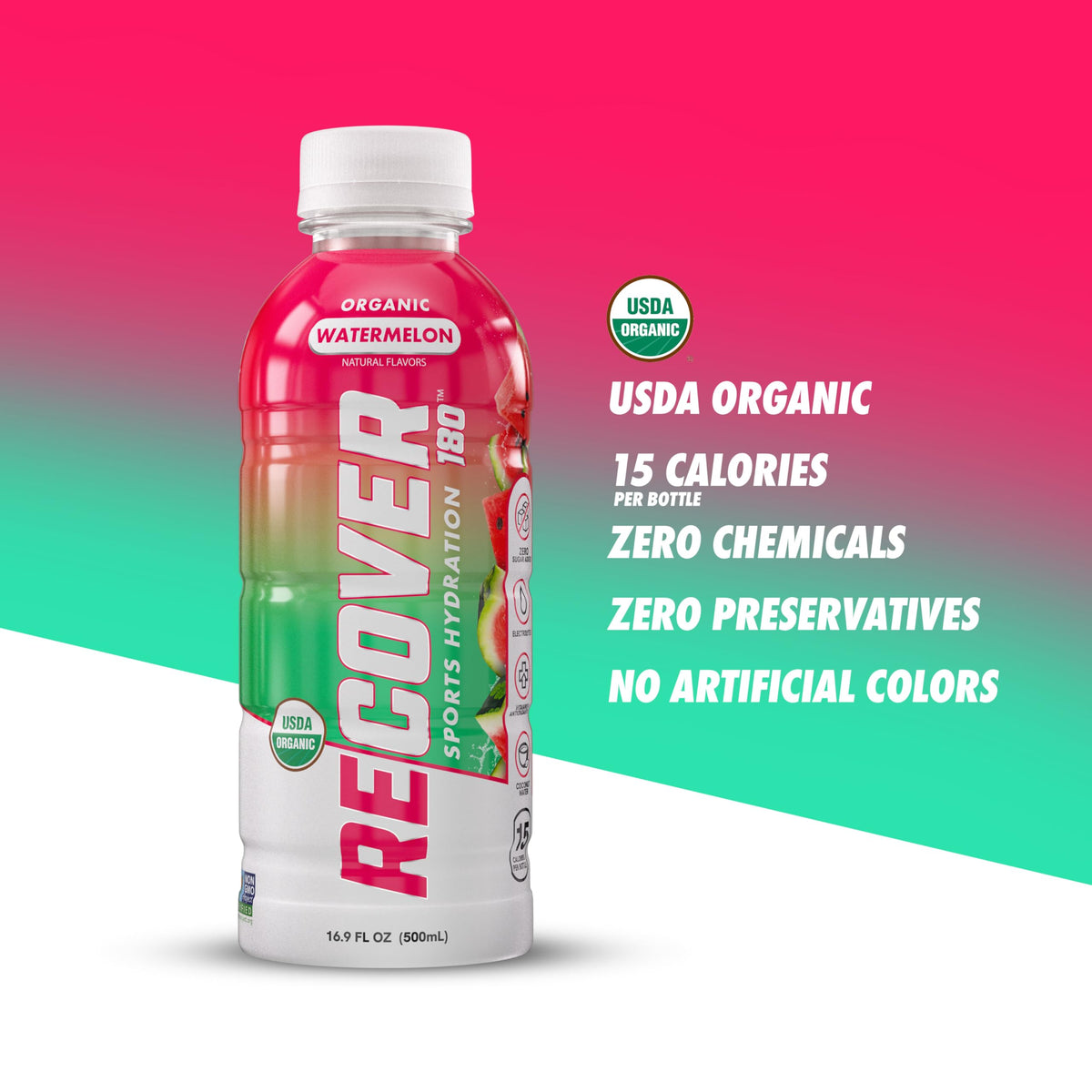 RECOVER 180 Organic Sports Hydration Drink, No Sugar Added, 20 Calorie Sports Beverage, Organic Flavors With Vitamins, Potassium-Packed Electrolytes (16.9 Fl Oz (Pack of 12), Variety Pack)
