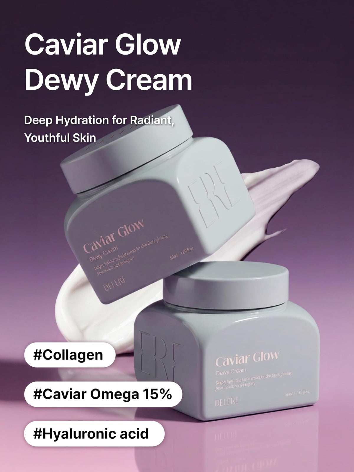 Delere Caviar Glow Dewy Cream | Hydrating Caviar Collagen Cream | Korean Hyaluronic Acid Moisturizer for Radiant Glass Skin, 1.7oz