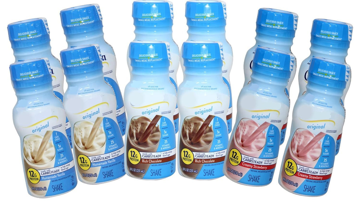 Glu Protein Diabetic Drink | Original Shake | Rich Chocolate, Homemade Vanilla, and Creamy Strawberry Flavors | 12 Pack