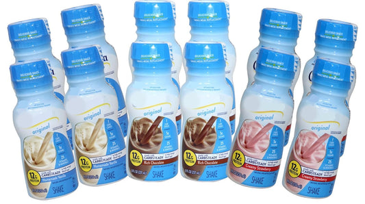 Glu Protein Diabetic Drink | Original Shake | Rich Chocolate, Homemade Vanilla, and Creamy Strawberry Flavors | 12 Pack