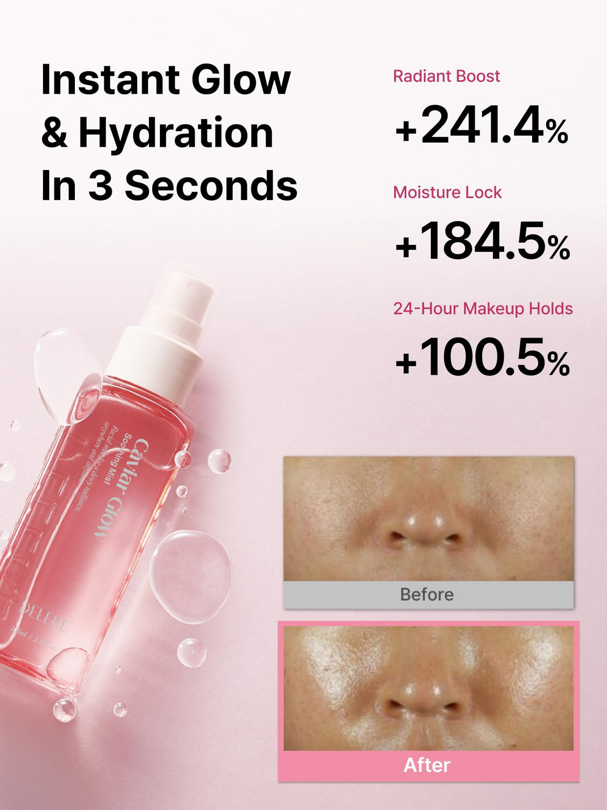 Delere Caviar Glow Soothing Mist | Korean Glass Skin Spray Serum with 5% Caviar & Squalane - Instant 3-Second Radiance & Makeup Setting – Anti-Aging Collagen Booster for Sensitive Skin, 3.4oz