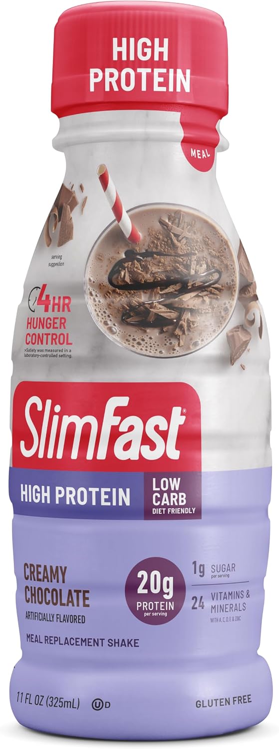 SlimFast Advanced Nutrition Creamy Chocolate Shake – Ready to Drink Meal Replacement – 20g of Protein – 11 Fl. Oz. Bottle – 12 Count - Pantry Friendly