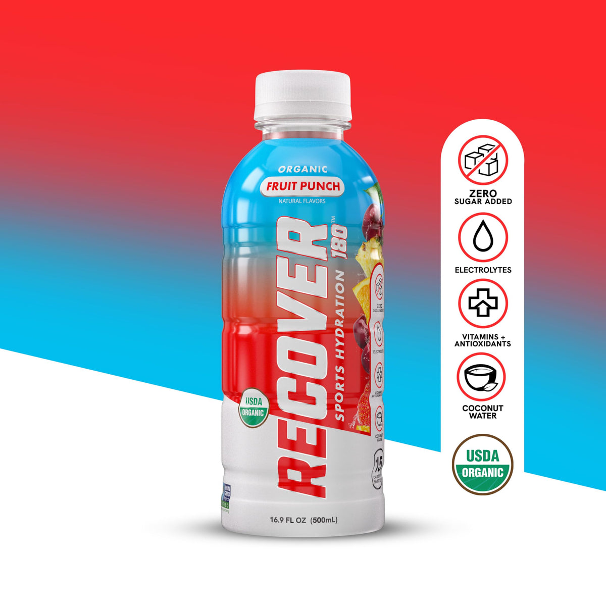 RECOVER 180 Organic Sports Hydration Drink, No Sugar Added, 20 Calorie Sports Beverage, Organic Flavors With Vitamins, Potassium-Packed Electrolytes (16.9 Fl Oz (Pack of 12), Variety Pack)