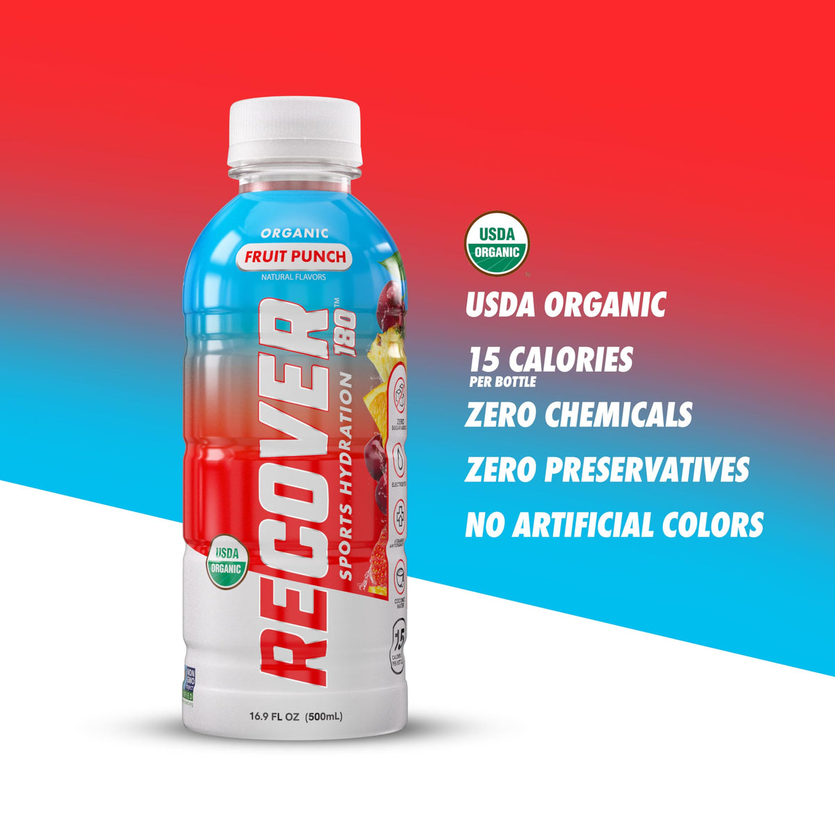 RECOVER 180 Organic Sports Hydration Drink, No Sugar Added, 20 Calorie Sports Beverage, Organic Flavors With Vitamins, Potassium-Packed Electrolytes (16.9 Fl Oz (Pack of 12), Variety Pack)