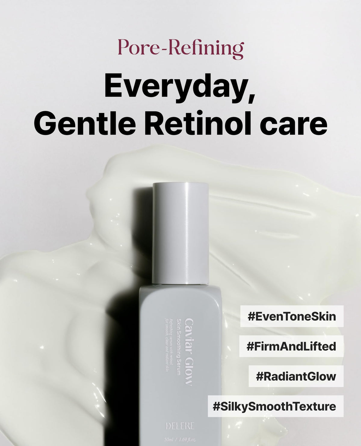Delere Caviar Glow Smoothing Serum | Caviar Collagen with Niacinamide and Retinol for Face | Korean Serum for Glowing Skin and Radiant Glass Skin, 1.7oz