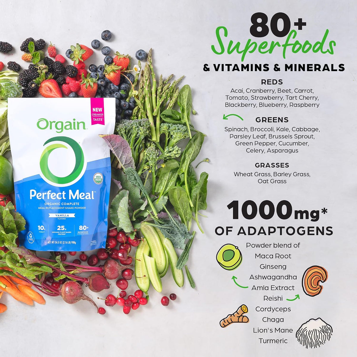 Orgain Perfect Meal, Organic, Vegan Meal Replacement Protein Powder, Vanilla - 25g Plant Based Protein, 80+ Superfoods, 1B Probiotics & 10g Fiber, Adaptogens & Ashwagandha - 2.16lb