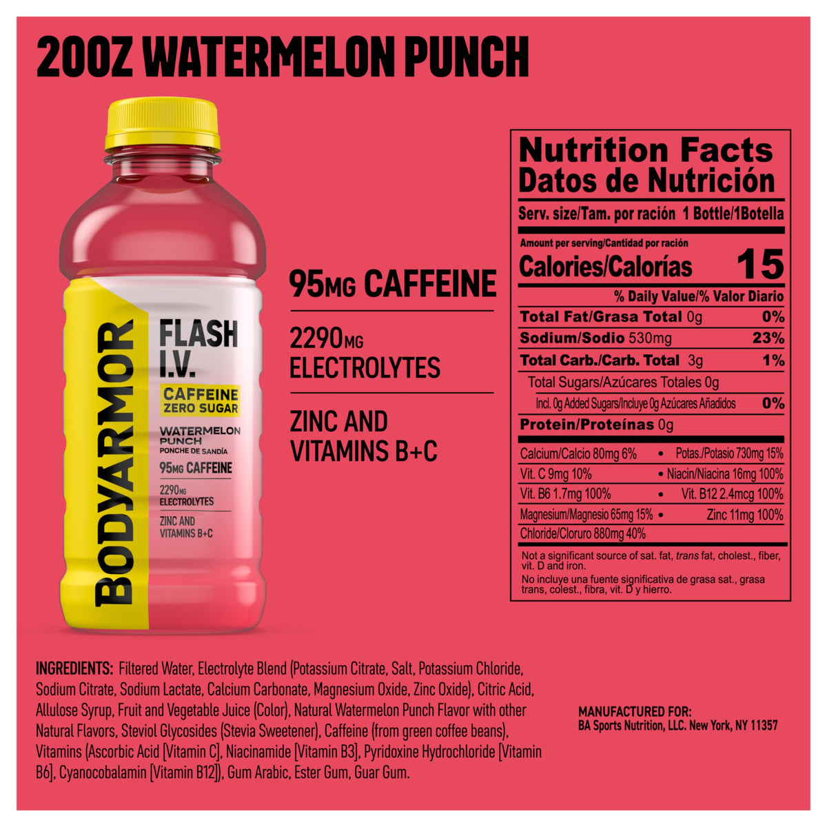 BODYARMOR Flash IV ZERO Sugar Hydration Drink, Lemon Lime, 20 Oz (12 Pk)