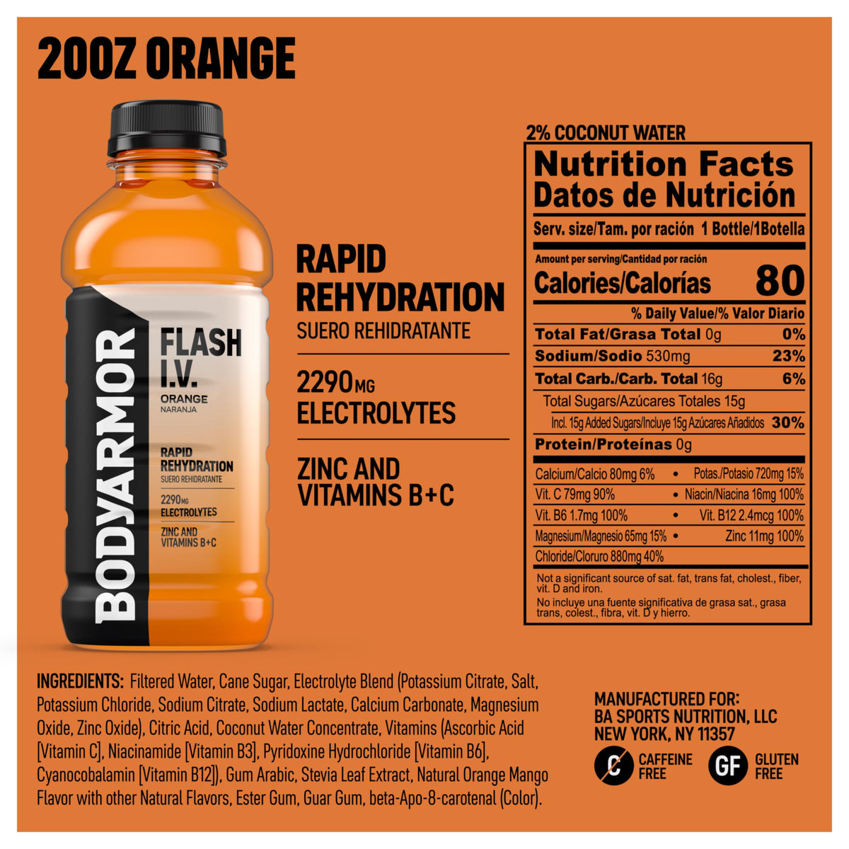 BODYARMOR Flash IV ZERO Sugar Hydration Drink, Lemon Lime, 20 Oz (12 Pk)
