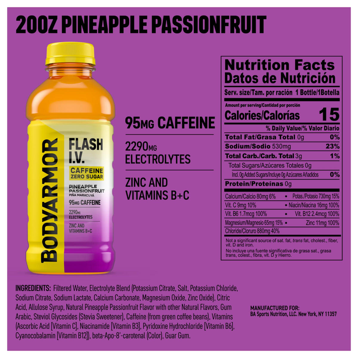 BODYARMOR Flash IV ZERO Sugar Hydration Drink, Lemon Lime, 20 Oz (12 Pk)