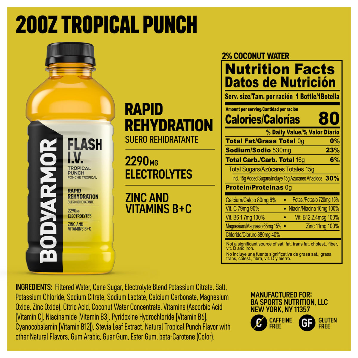 BODYARMOR Flash IV ZERO Sugar Hydration Drink, Lemon Lime, 20 Oz (12 Pk)