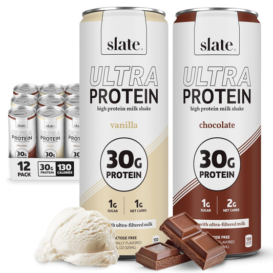 Slate Milk Ultra High Protein Milk Shake (Best Sellers Pack) Chocolate & Vanilla - 30g Protein, 1g Sugar, 130 Calories, 1-2g Net Carbs - No Added Sugar - Lactose Free - Natural - 11 fl oz, 12 Cans