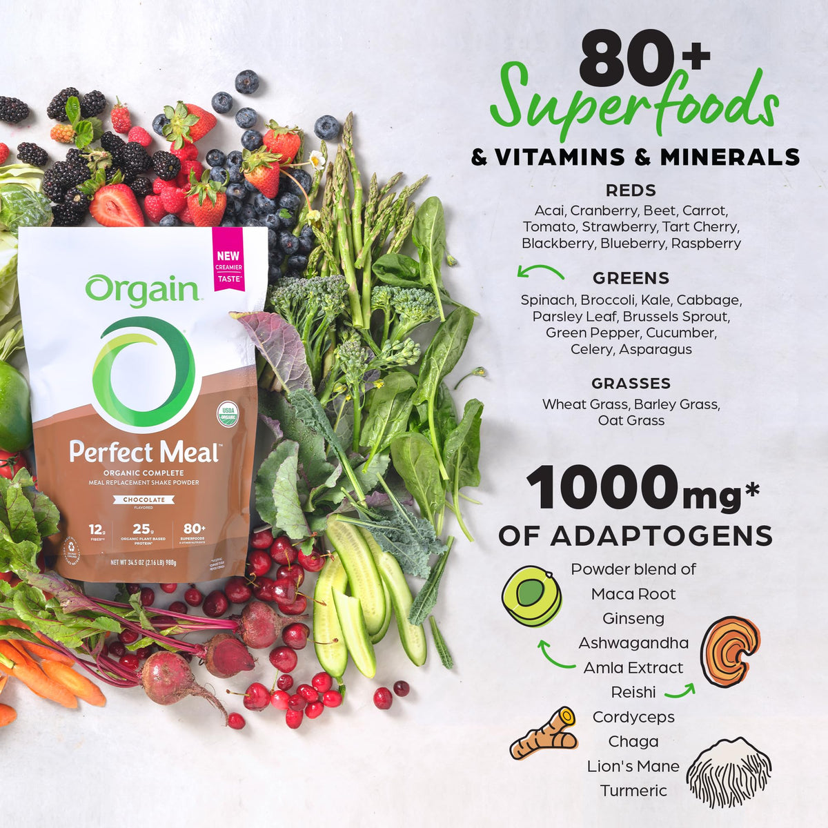 Orgain Perfect Meal, Organic, Vegan Meal Replacement Protein Powder, Vanilla - 25g Plant Based Protein, 80+ Superfoods, 1B Probiotics & 10g Fiber, Adaptogens & Ashwagandha - 2.16lb