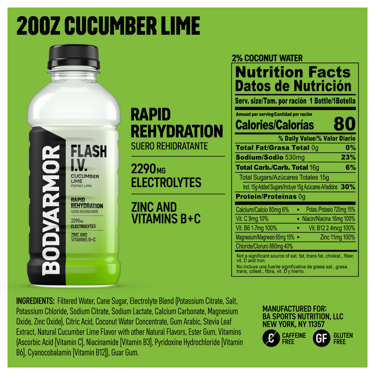 BODYARMOR Flash IV ZERO Sugar Hydration Drink, Lemon Lime, 20 Oz (12 Pk)