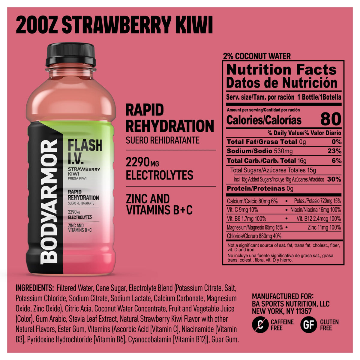 BODYARMOR Flash IV ZERO Sugar Hydration Drink, Lemon Lime, 20 Oz (12 Pk)