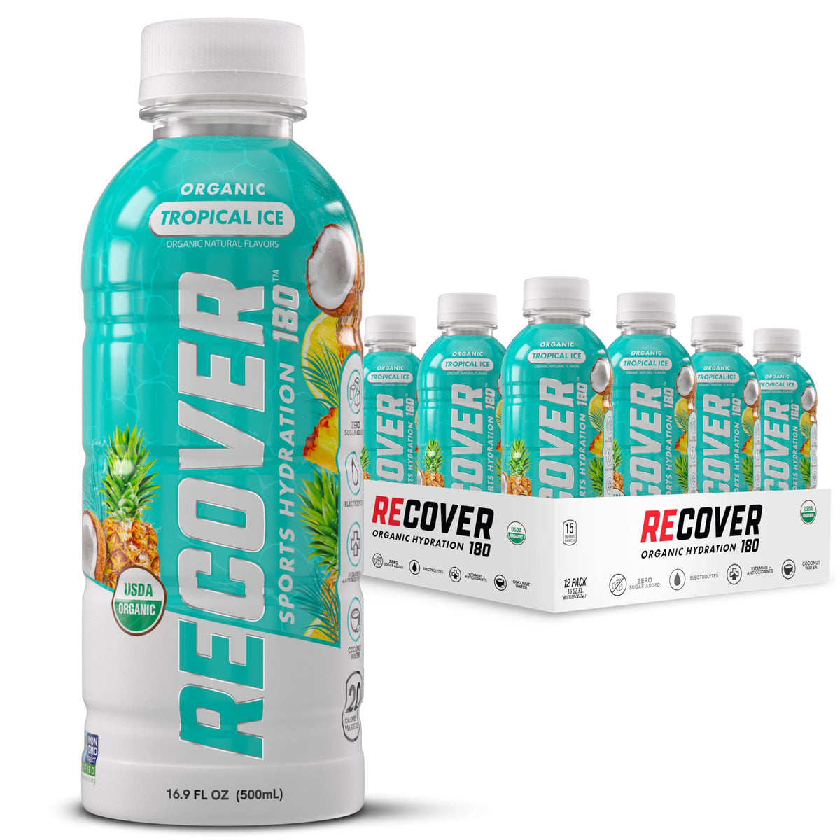 RECOVER 180 Organic Sports Hydration Drink, No Sugar Added, 20 Calorie Sports Beverage, Organic Flavors With Vitamins, Potassium-Packed Electrolytes (16.9 Fl Oz (Pack of 12), Variety Pack)
