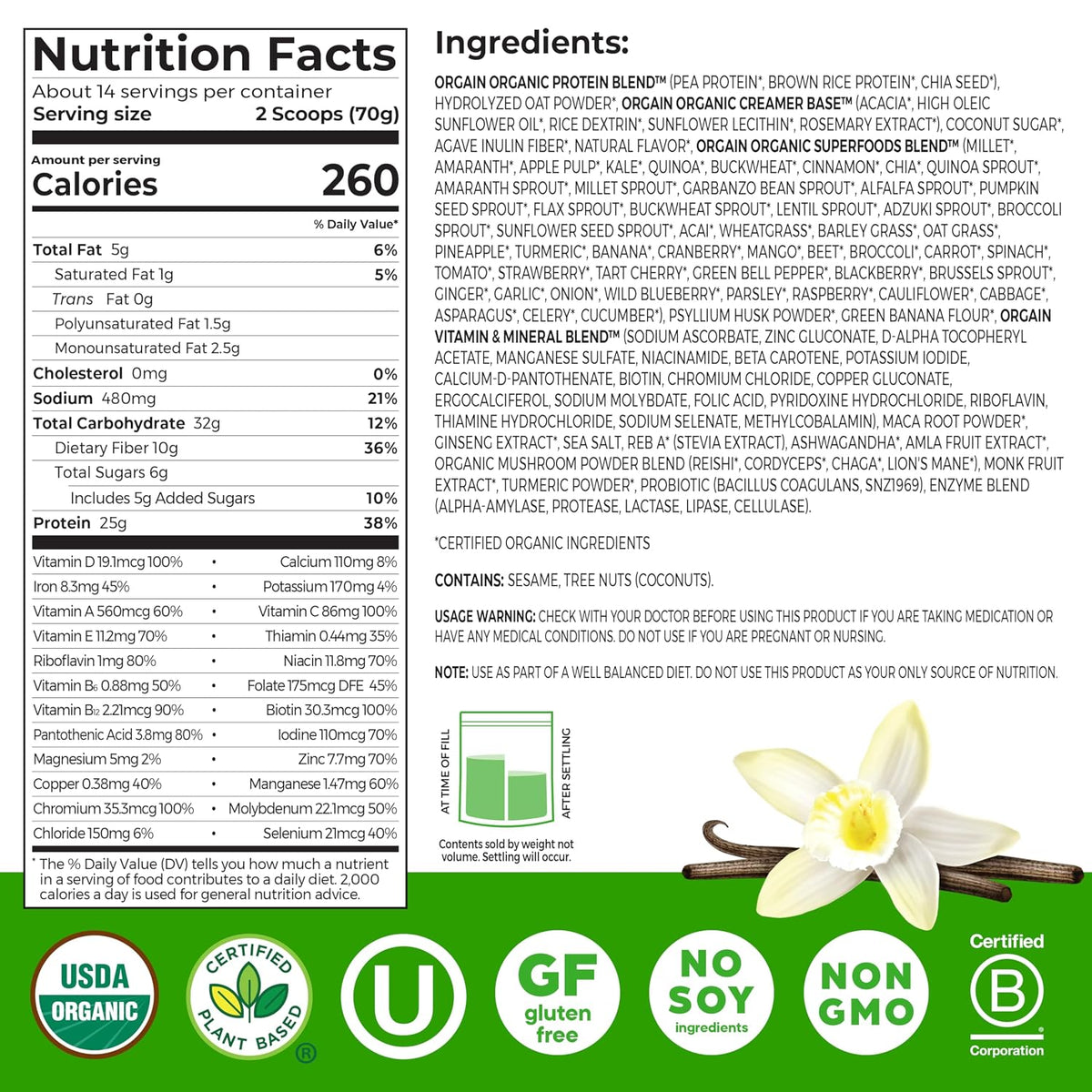 Orgain Perfect Meal, Organic, Vegan Meal Replacement Protein Powder, Vanilla - 25g Plant Based Protein, 80+ Superfoods, 1B Probiotics & 10g Fiber, Adaptogens & Ashwagandha - 2.16lb